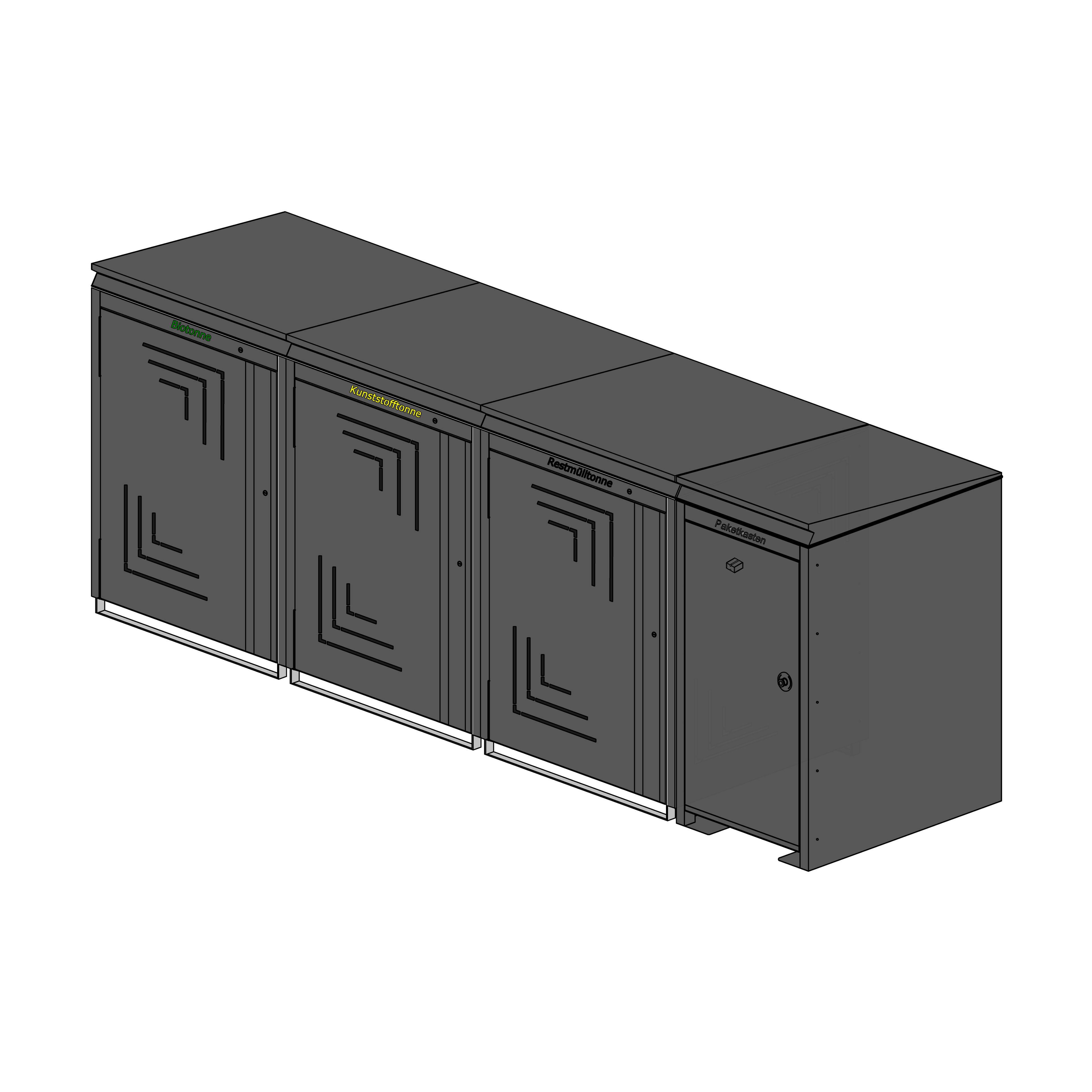 Kombination: 3 Mülltonnenboxen + Paketbox – RAL 7016 Feinstruktur matt